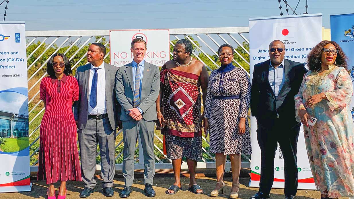 Minister for Public Works and Transport Chief Ndlaluhlaza Ndwandwe and UNDP Resident Representative Henrik Franklin with ESWACAA and government officials during the launch of the Japan–Eswatini Green and Digital Transformation Demonstration Project. (Pic: Timothy Simelane)